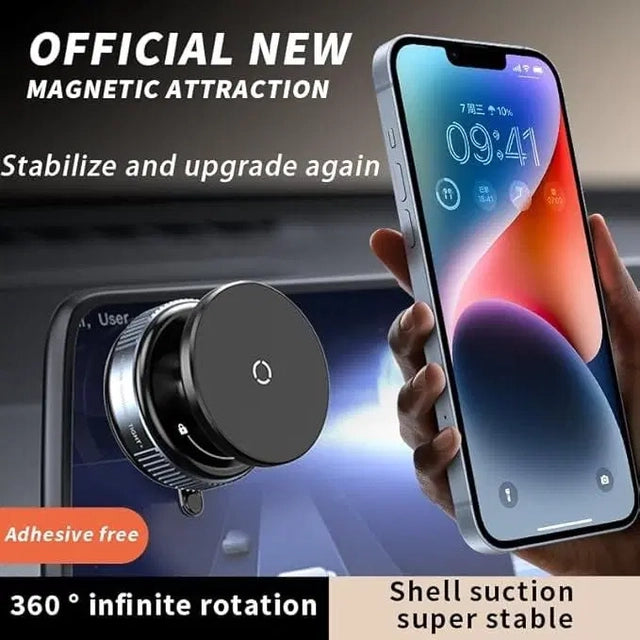 Magnetic suction phone holder for cars by 19202, showing a smartphone securely mounted on a black car dashboard with a suction base.