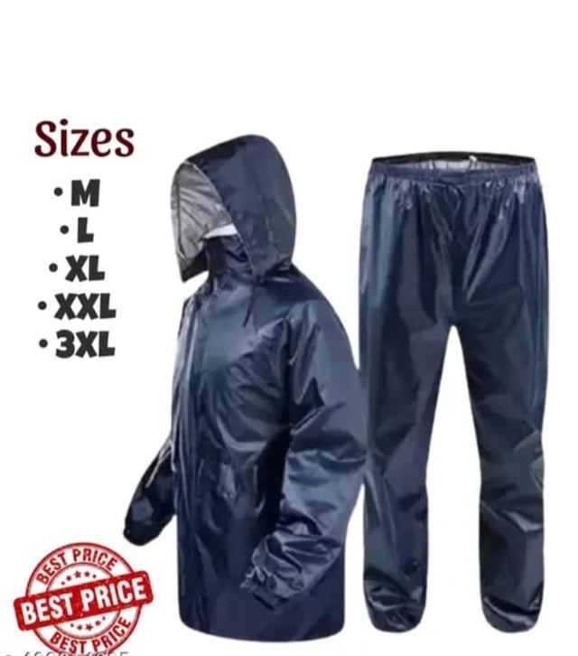 Black men's polyester solid rainsuit, XL size, waterproof raincoat with hood, designed for outdoor protection.