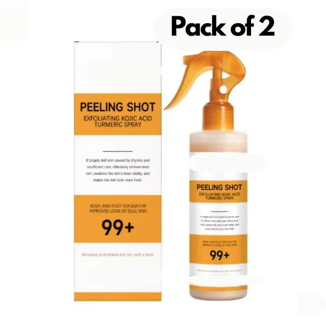 Two 400ml bottles of 18058 Exfoliating Kojic Acid Turmeric Spray showing the spray bottles with labels, cream and turmeric imagery.