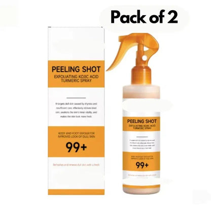Two 400ml bottles of 18058 Exfoliating Kojic Acid Turmeric Spray showing the spray bottles with labels, cream and turmeric imagery.