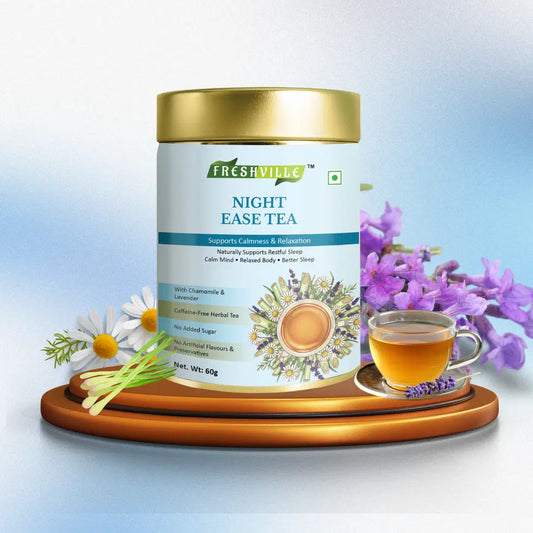 Herbal tea pots with Freshville Night Ease Tea branding, showcasing a ceramic tea pot and herbal tea infusion.