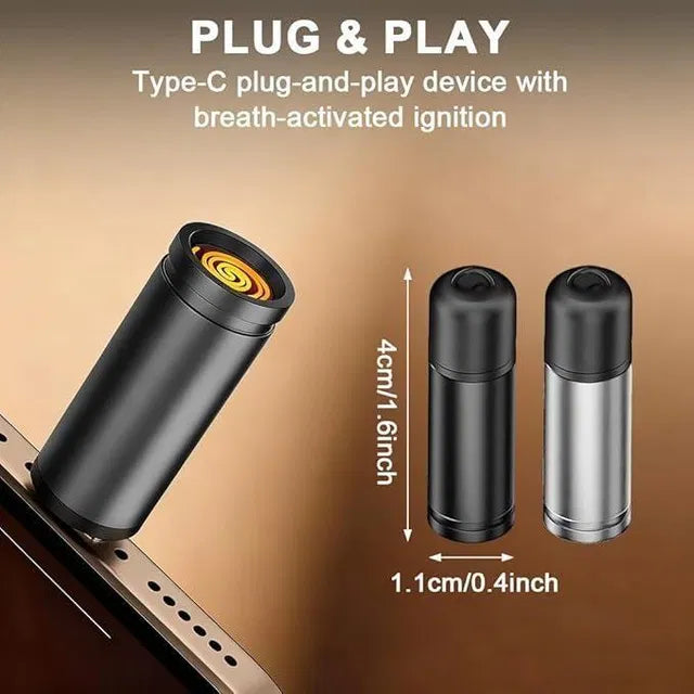 Portable USB car cigarette lighter, plug-in electric lighter with outdoor mouth-blow design, compact and pocket-sized for travel.