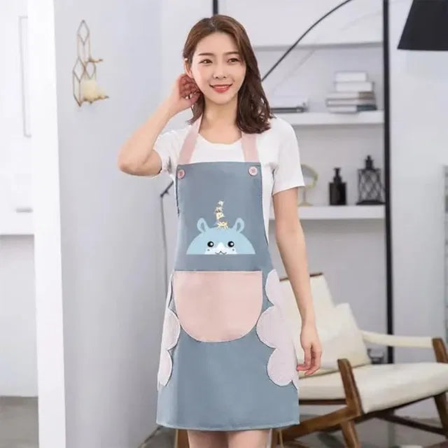Waterproof women's kitchen apron with adjustable neck strap and front pocket, designed for cooking and cleaning tasks.