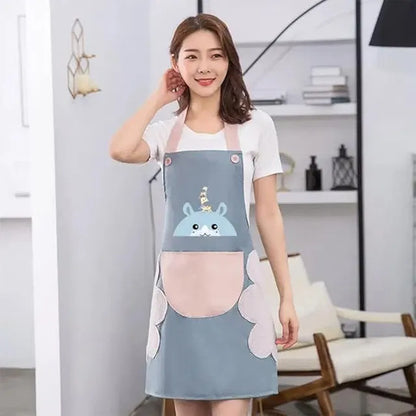 Waterproof women's kitchen apron with adjustable neck strap and front pocket, designed for cooking and cleaning tasks.
