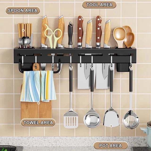Wall mounted magnetic knife holder and cutlery organizer by 31446, featuring black magnetic strips and stainless steel hooks for utensils.