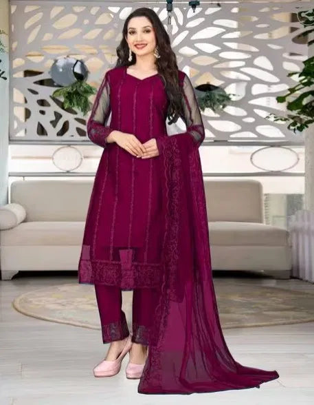 Elegant women's kurta set with matching dupatta and bottomwear from brand 15801, featuring traditional design and vibrant fabric.