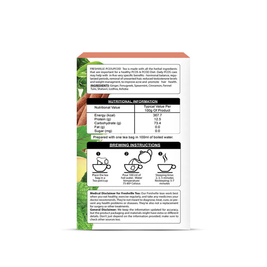 Freshville PCOS PCOD tea bag in a tea pot, showcasing the herbal tea packaging and brewing process for health support.