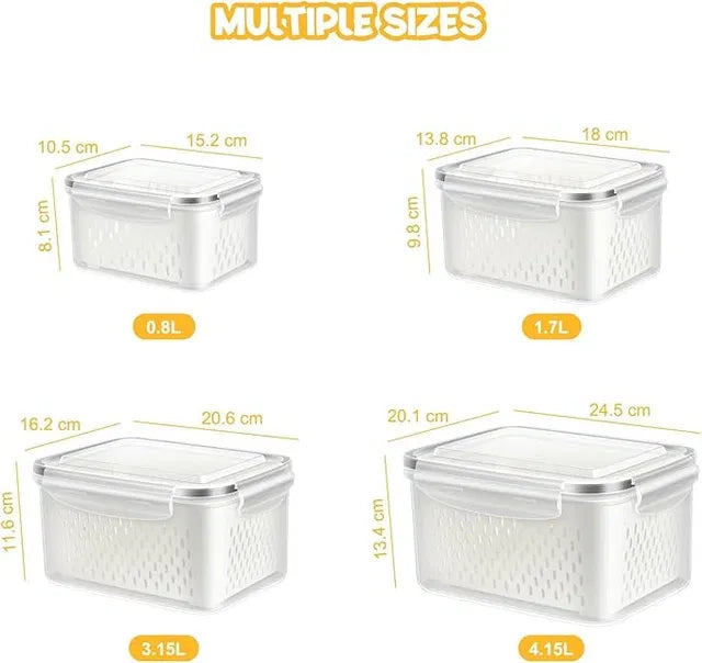 Set of four refrigerator storage containers with airtight lids, ideal for organizing fruits and vegetables in kitchen fridge.