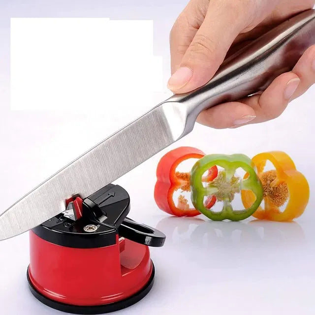 Manual knife sharpener by 19357 with two sharpening slots and ergonomic handle for easy, precise blade sharpening.