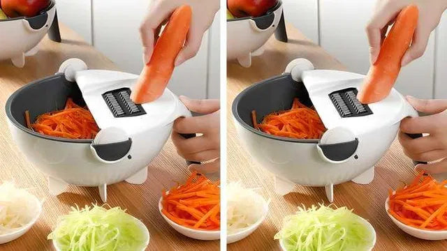 7-in-1 manual vegetable chopper and cutter by 16699, showcasing multiple blades and compact design for efficient kitchen prep.