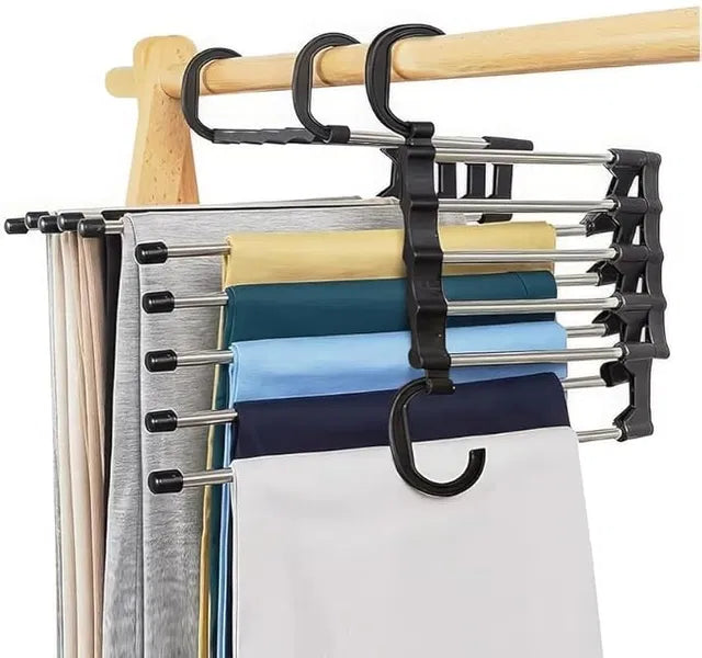 Stainless steel foldable clothes hangers with multiple layers and hooks, designed for versatile garment hanging and storage.