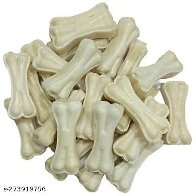 Rawhide bone treat for pets, 3 inches long, 750g, packaged in a clear bag with branding, designed for chewing and dental health.