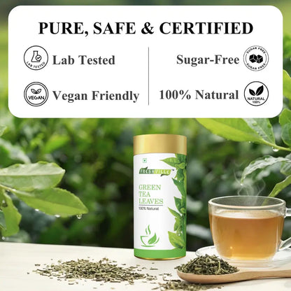 Freshville green tea leaves in a tea pot, showcasing vibrant green tea leaves and a traditional brewing vessel.