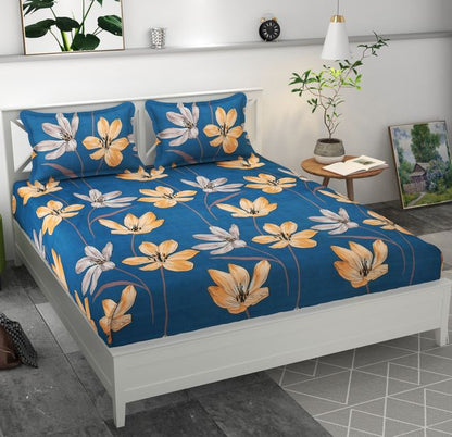 Premium microfiber fitted bedsheet with elastic edges and two pillow covers, 70x76 inches, in soft fabric from 19676 brand.