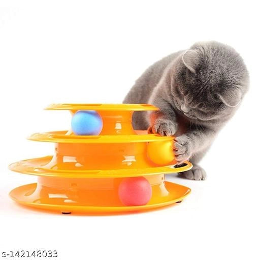 Colorful plastic 3-layer cat tower with multiple platforms and openings, designed as a pet bed for cats.