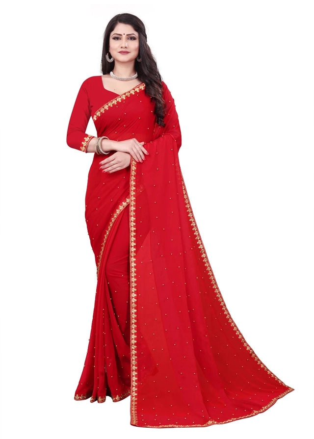Red lycra blend solid saree for women with intricate border design, 6.3 meters long, from brand 6706.