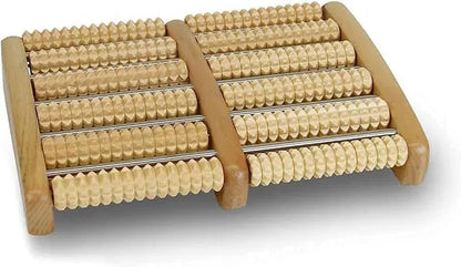 Wooden foot massage roller by 19357 with textured surface for relieving foot tension and promoting relaxation.