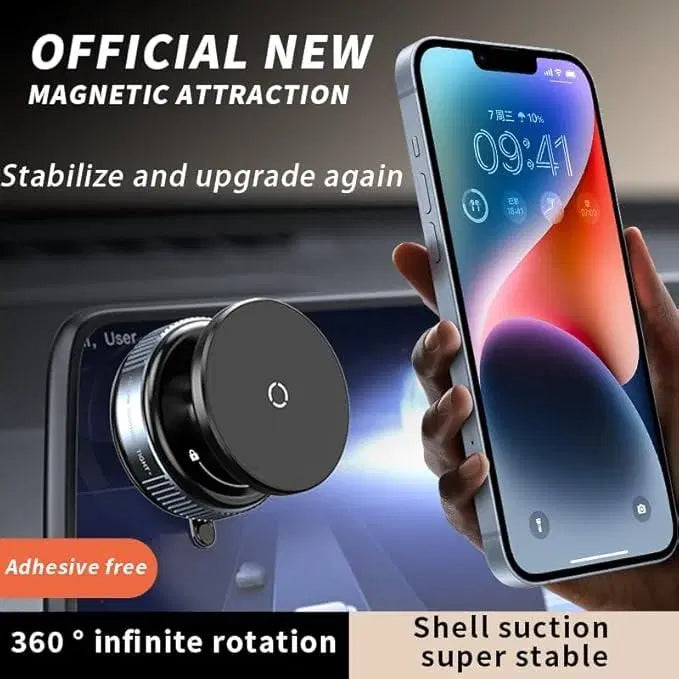 Magnetic suction phone holder for cars by 1238, showing a smartphone securely mounted on a dashboard with a strong suction base.