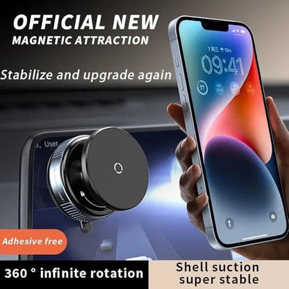 Magnetic suction phone holder for cars by 1238, showing a smartphone securely mounted on a dashboard with a strong suction base.