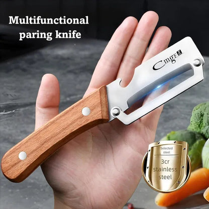 Manual knife sharpener with wooden handle and integrated bottle opener by 22927, featuring durable design and ergonomic grip.