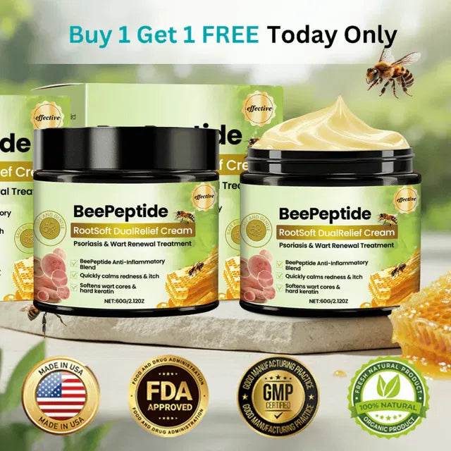 BeePeptide RootSoft DualRelief Cream, pack of 2, featuring cream containers with smooth, white cream inside, designed for skin relief.