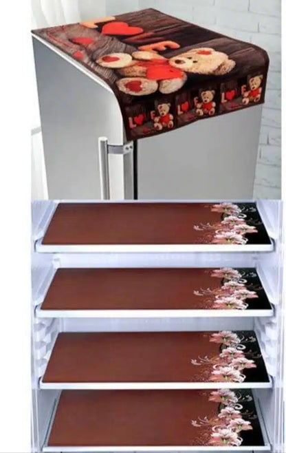 Knit printed fridge cover set with top cover in brown, 4-piece set by 6201, designed to protect and decorate refrigerator surfaces.