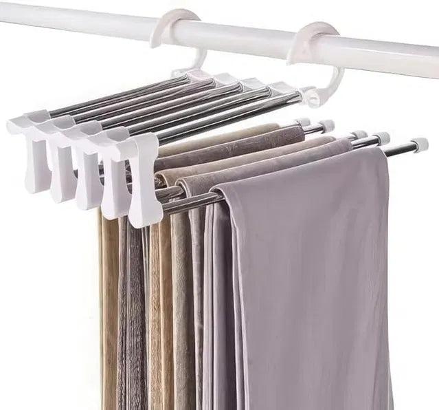 8297 stainless steel foldable clothes hangers with multiple layers for versatile garment hanging, shown in a compact, multi-purpose design.