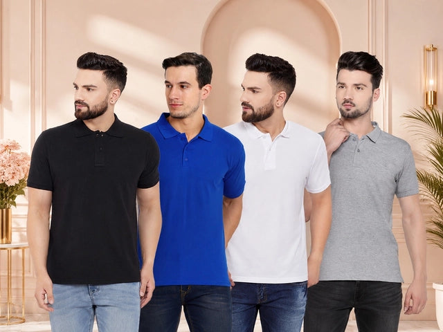 Pack of four men's active T-shirts with solid polo neck in cotton, featuring the 14398 brand, suitable for casual wear.