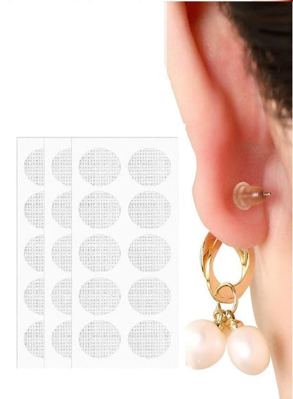 Set of 100 sewing decorative patches labeled "Premium Earlobe Support Patches for Heavy Earrings" by 30969, designed to protect earlobes.