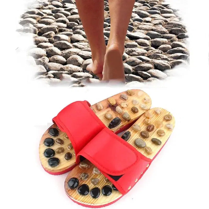 Red acupressure natural stone slippers by 1238, showing textured footbed and comfortable slip-on design.