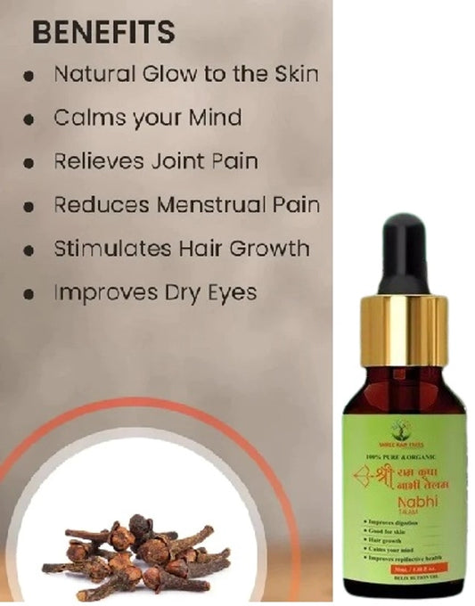 1361 Ramban Nabhi Oil 30ml massage oil bottle with dropper cap, designed for skin and belly massage.