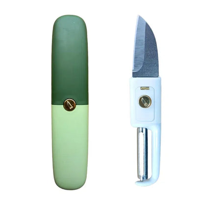 Stainless steel 2-in-1 kitchen knife and peeler for fruit with protective case, designed for efficient peeling and slicing.