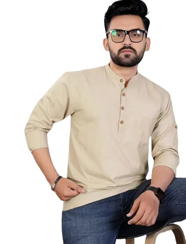 Men's slim fit full sleeve cotton kurta from 6824, shown as a beige short kurta with a mandarin collar and side slits.