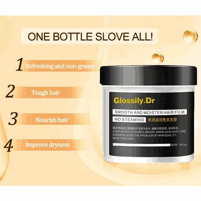 Cream hair mask for smoothing, 200g, in a jar, part of professional hair care products, with a creamy texture and smooth finish.