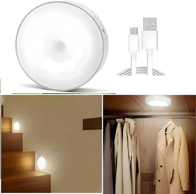 Wireless LED night lights with motion sensors and USB charging, set of 2, ideal for home lighting and security.