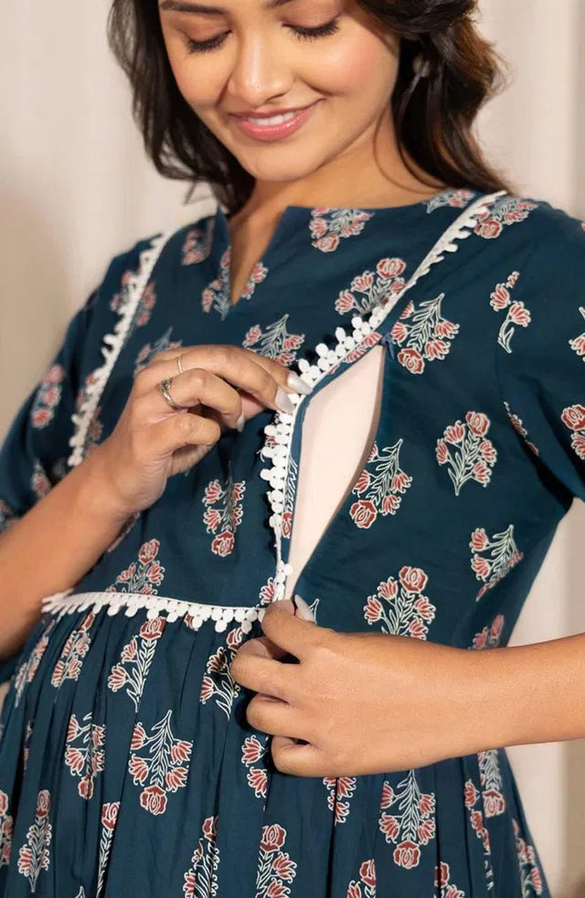 Floral printed notch neck A-line maternity kurta for women with vibrant floral pattern and elegant design.