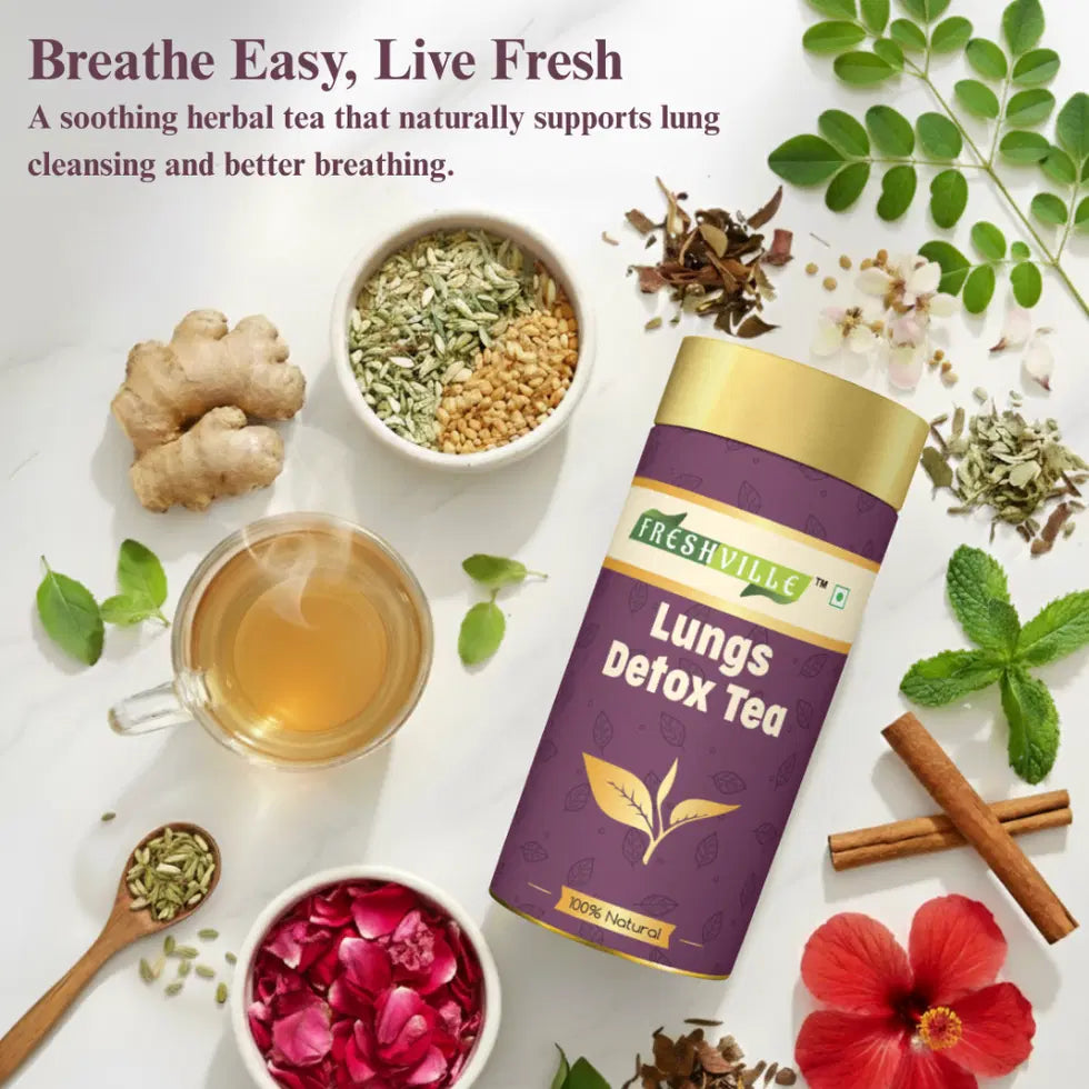 Freshville Lungs Detox Tea in a stylish ceramic tea pot, ready for brewing, with fresh herbs and tea leaves visible inside.
