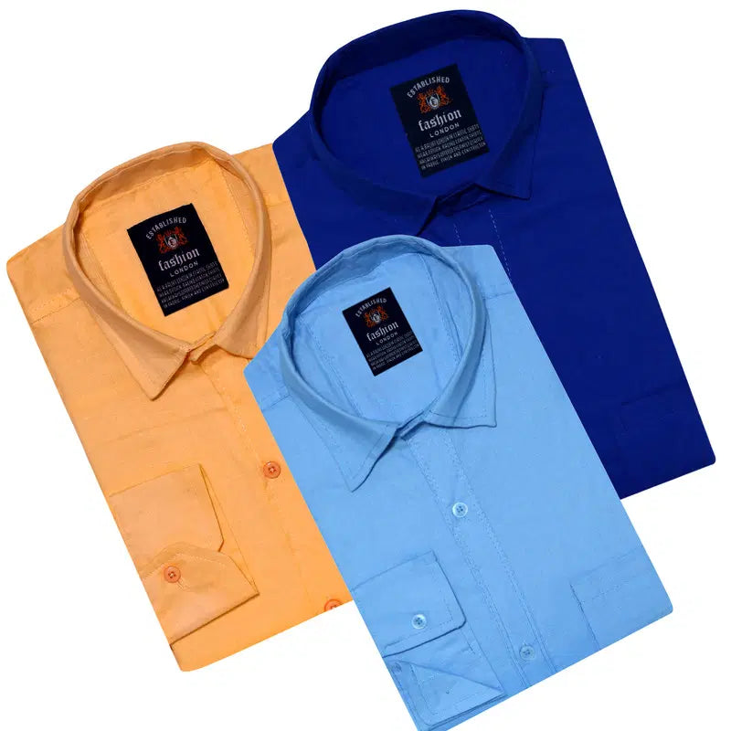 Pack of 3 plain men's shirts in neutral colors from brand 34752, displayed on hangers in a casual setting.