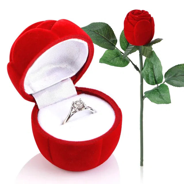 Valentine's proposal ring with velvet red rose, alloy and crystal, platinum plating, part of the 19333 ring toss set.