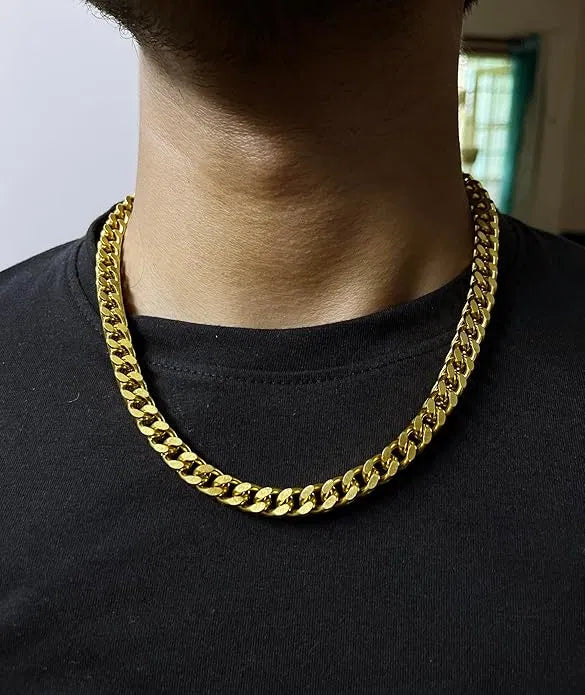 Heavy gold plated Cuban link chain for men and boys, showcasing a thick, shiny men's chain jewelry with a secure clasp.