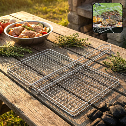 Wukusy heavy-duty stainless steel barbecue grill basket for grilling vegetables, meats, and seafood on outdoor grills.