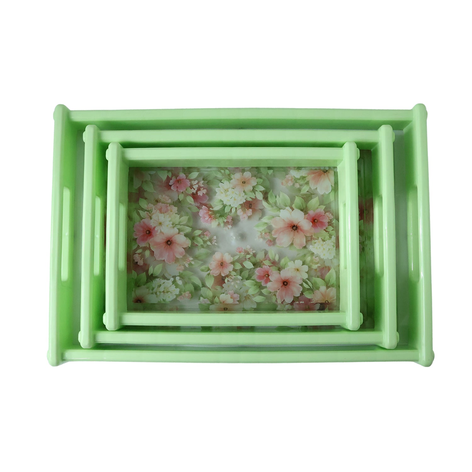 Set of three Wukusy Supermom floral printed multipurpose serving trays displayed together on a table.