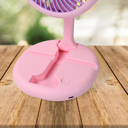 Wukusy USB rechargeable portable fan with LED light, foldable design, heavy-duty build, charging port for home and outdoor use