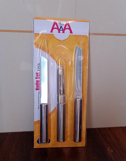 Wukusy stainless steel multipurpose cutting knives with non-slip handles, ideal for fruit, meat, and vegetable chopping, pack of 3