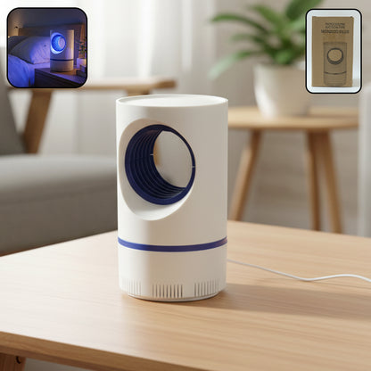 Wukusy photocatalysis suction electric mosquito killer lamp with LED light and fan for pest control, shown turned on and in use.