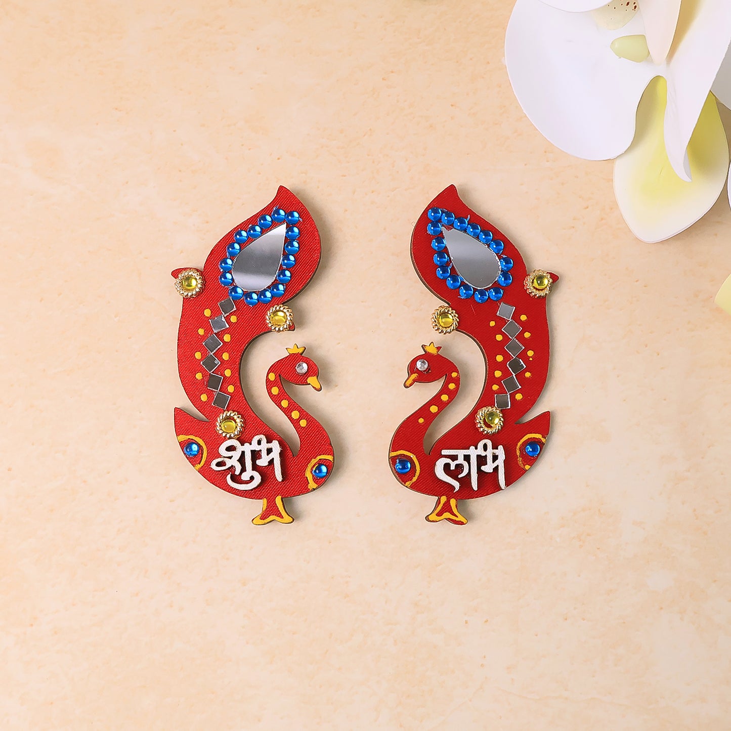 Decorative wooden Shubh Labh wall hanging set by Wukusy, featuring traditional Indian design for home decor.