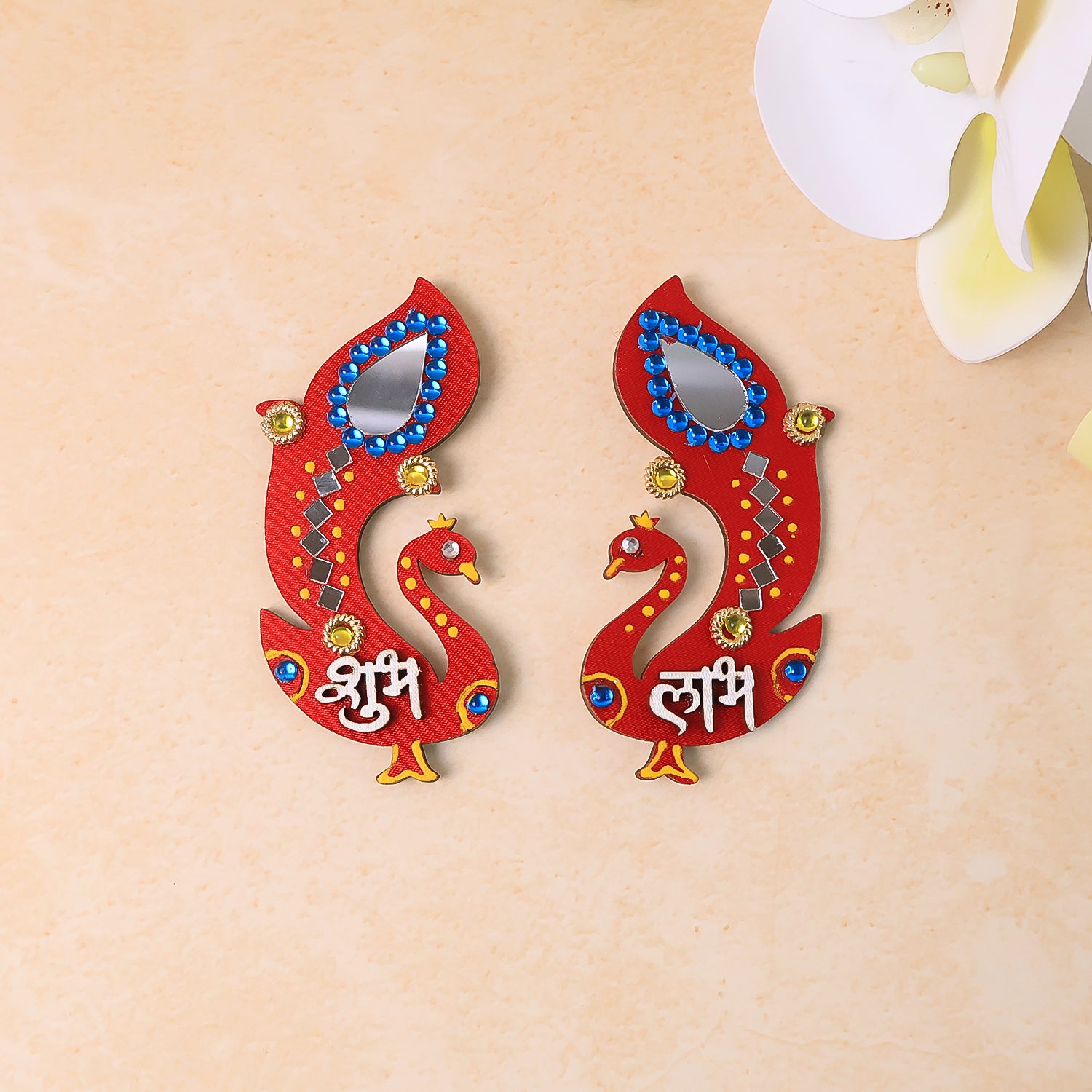 Decorative wooden Shubh Labh wall hanging set by Wukusy, featuring traditional Indian design for home decor.