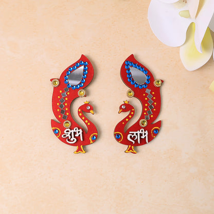 Decorative wooden Shubh Labh wall hanging set by Wukusy, featuring traditional Indian design for home decor.