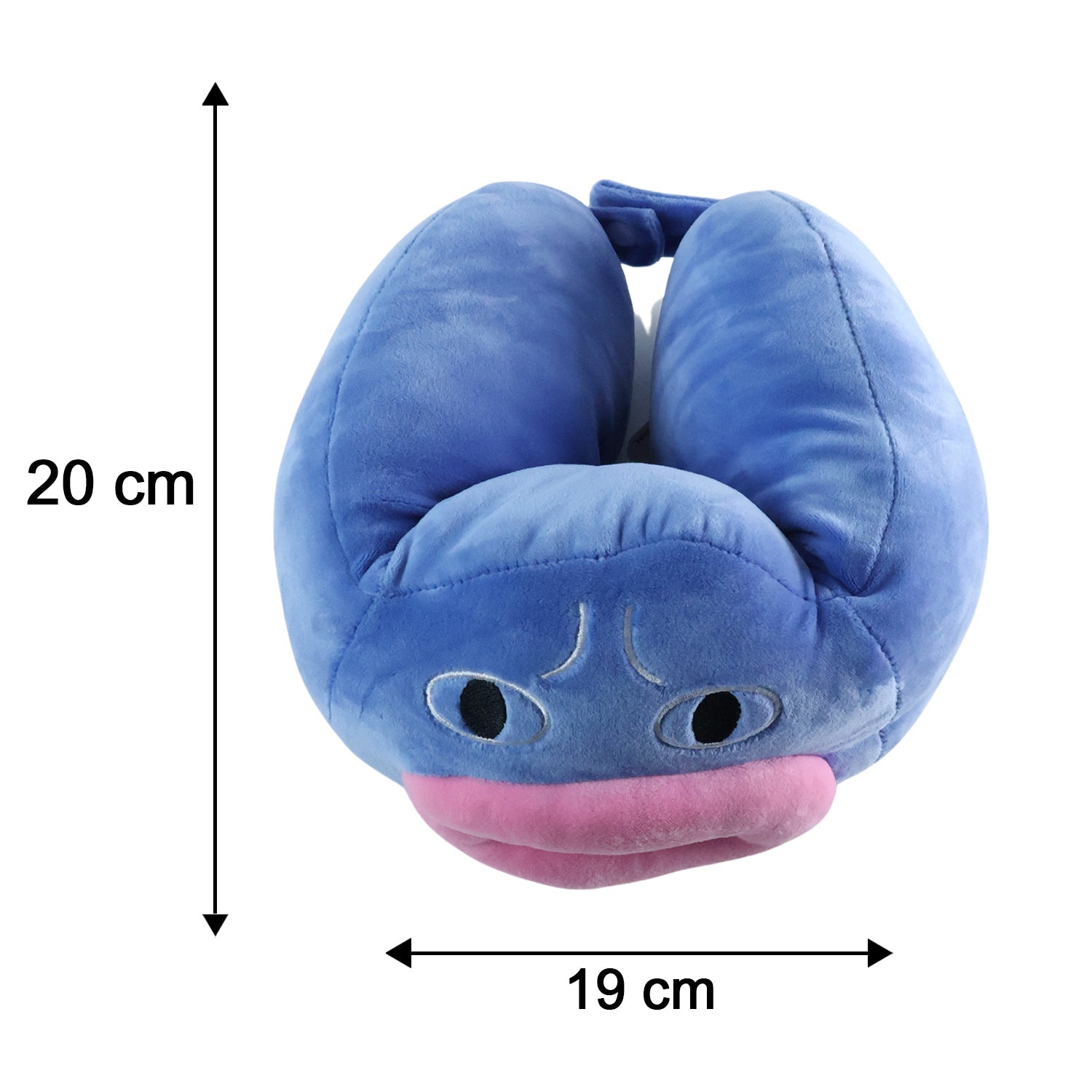 Blue U-shaped neck pillow with cute character design, soft travel support by Wukusy, ideal for comfortable journeys.