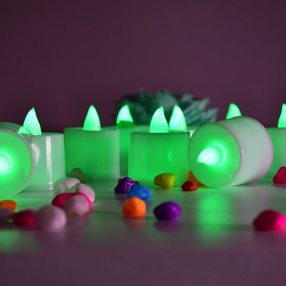 Set of 24 green flameless LED tealights by Wukusy, smokeless plastic candles for home decoration, safe and decorative lighting.
